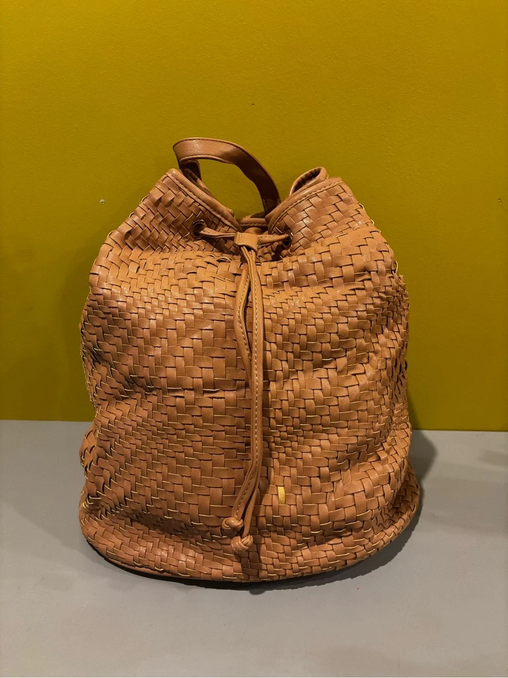 Woven Drawstring Bucket Bag in Tan